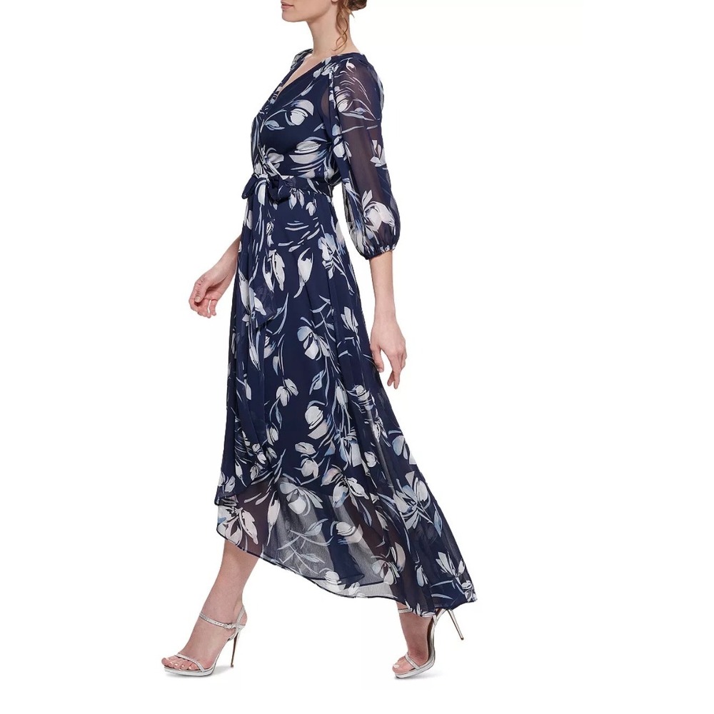 DKNY Navy Floral Wrap Maxi Dress Sheer Sleeve Tie Waist Size 2 NWT - Picture 3 of 13